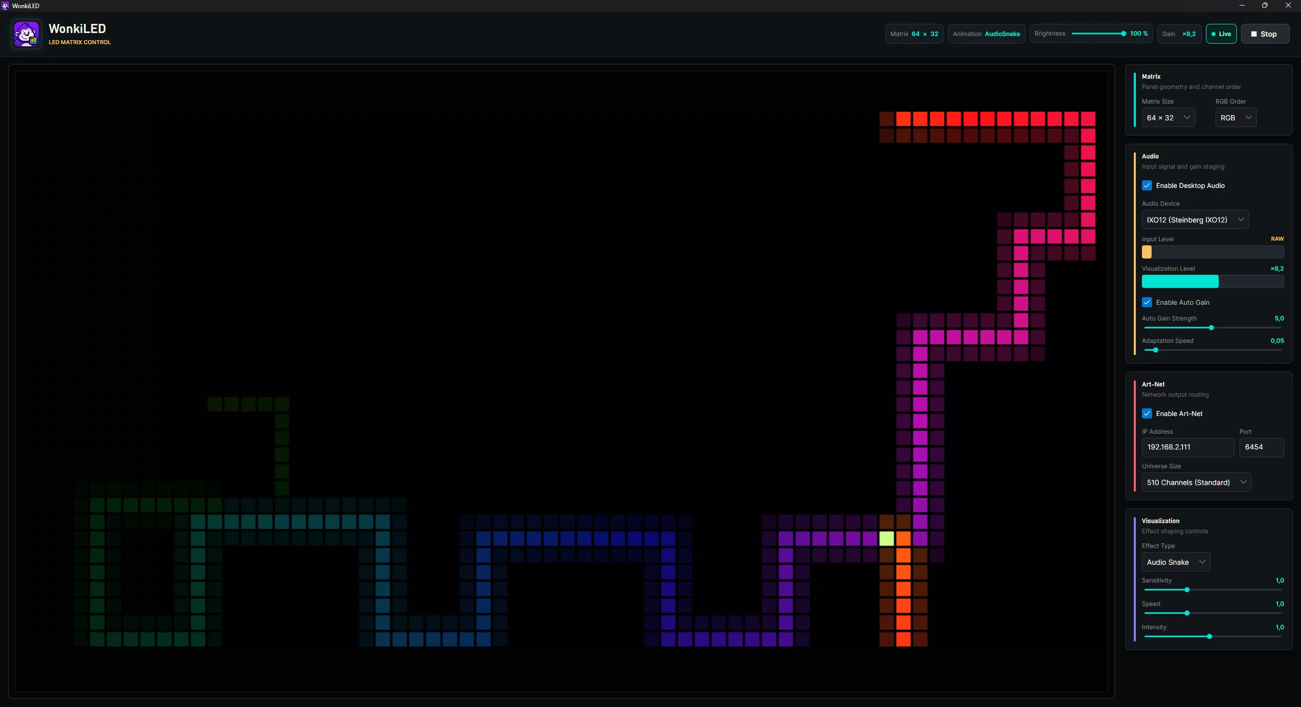 WonkiLED AudioSnake-Effekt auf der LED-Matrix